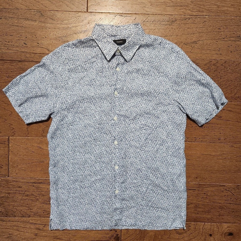 Theory Shirt Mens Medium Blue Linen Short Sleeve Button Up Irving Spur Casual